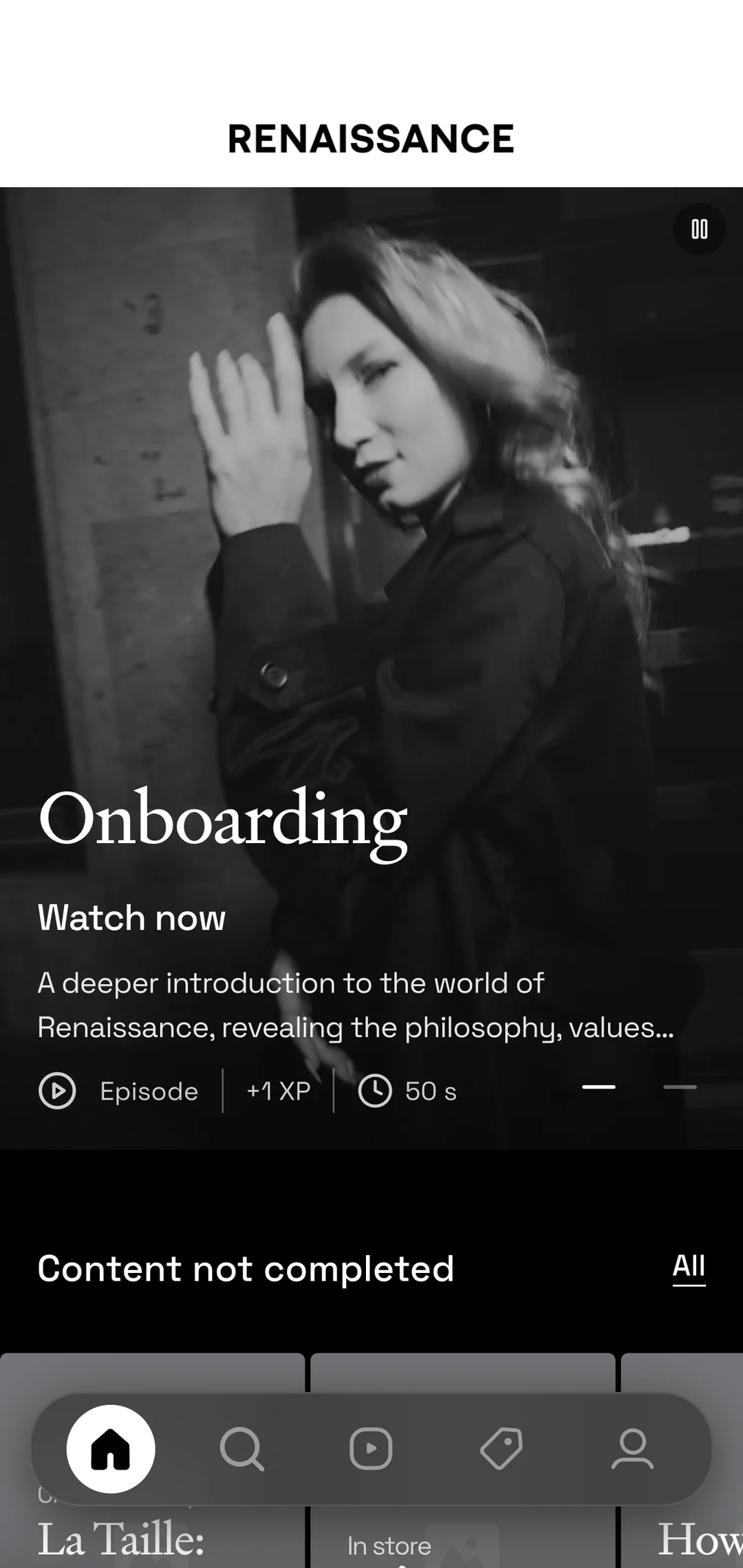 The same home in the iPhone app: the Renaissance wordmark, the Onboarding hero full width over the film still, then the first unfinished episodes above the dock.