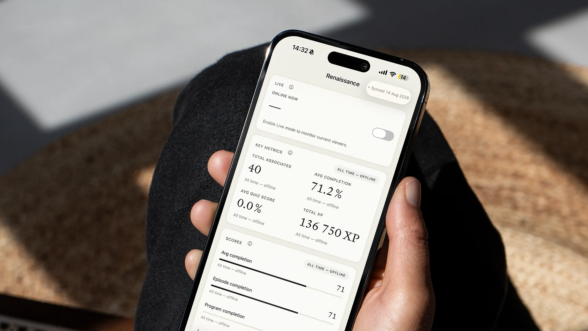 A hand holds an iPhone showing the ToldUntold Analytics dashboard of a Maison, with key figures and scores in black type on an ivory screen.