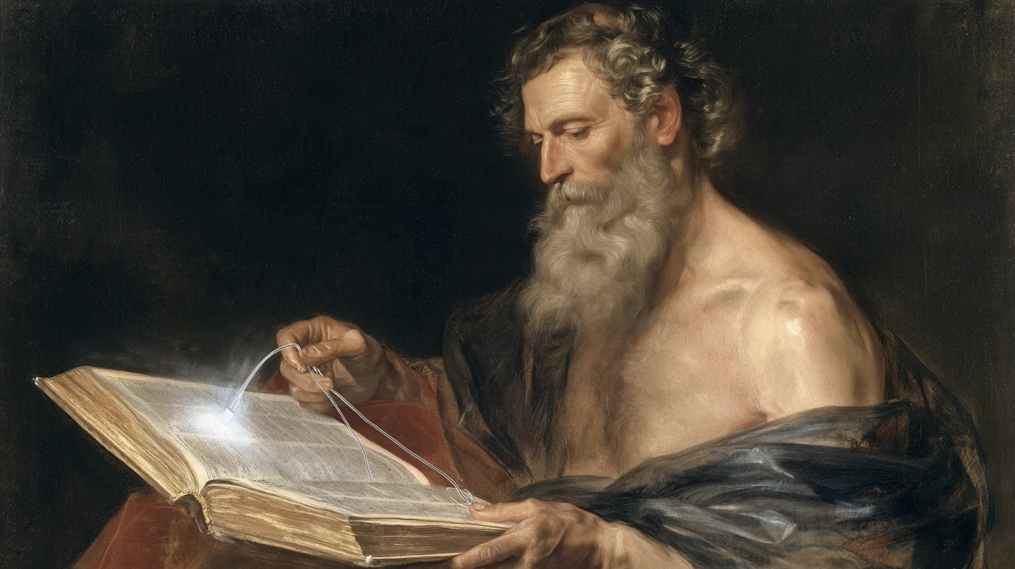 A bearded man in a red mantle, reading a large open book that glows under his spectacles, in the manner of a seventeenth-century painting
